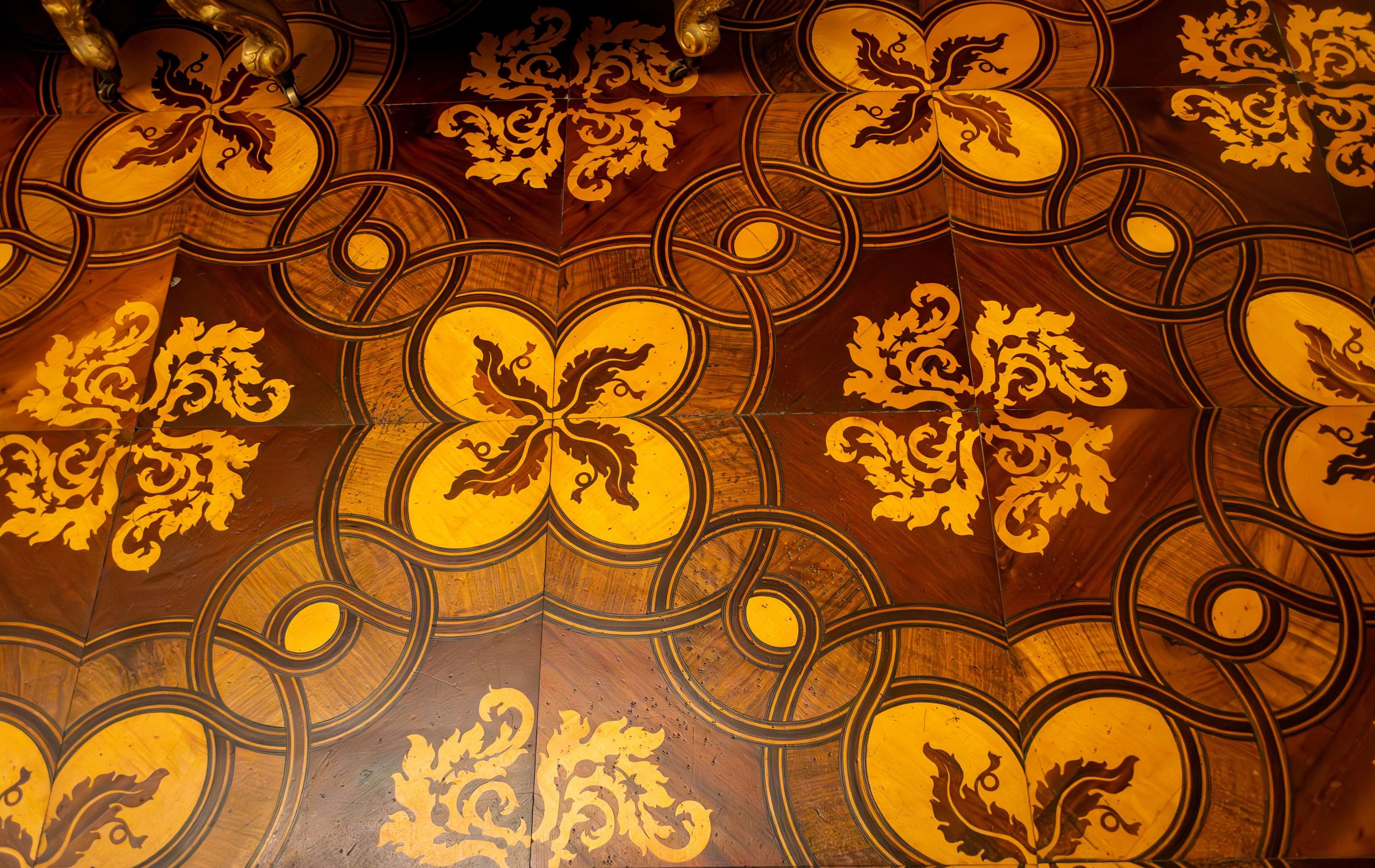 There is a cat sitting on a wooden floor with a pattern on it.