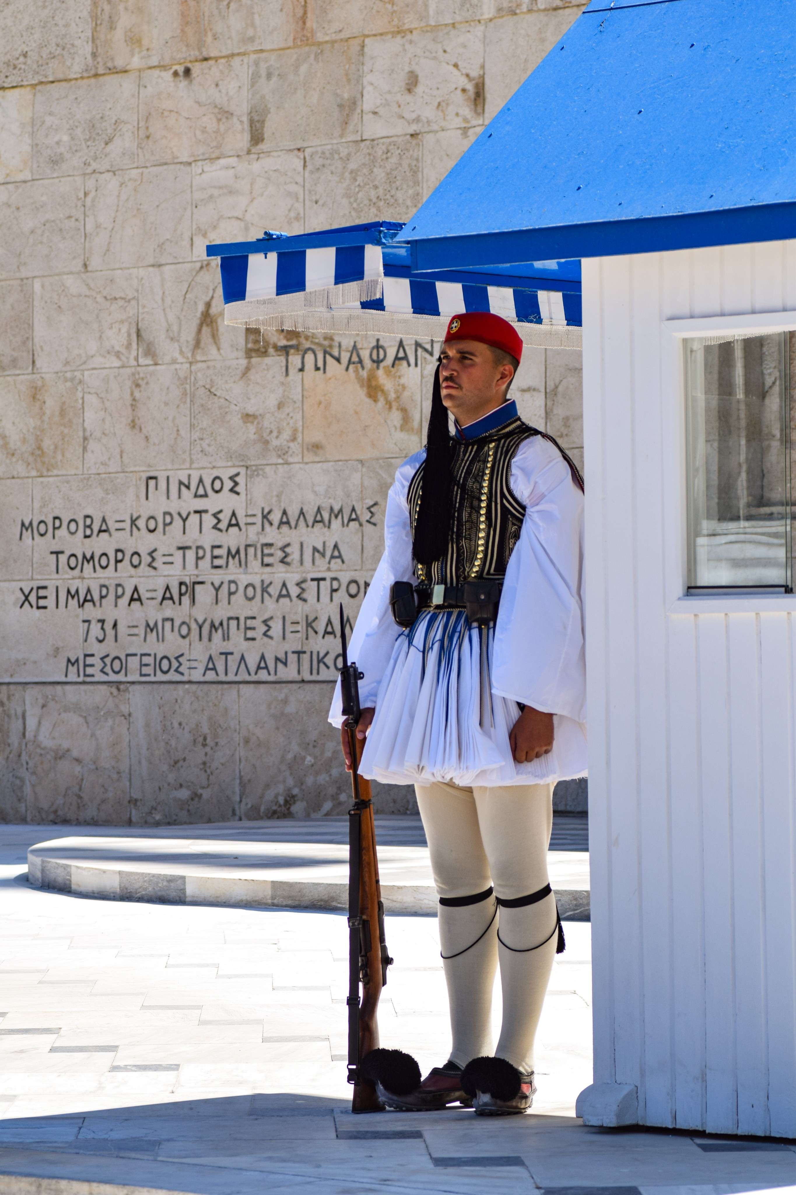 There is a man in a uniform standing next to a building.