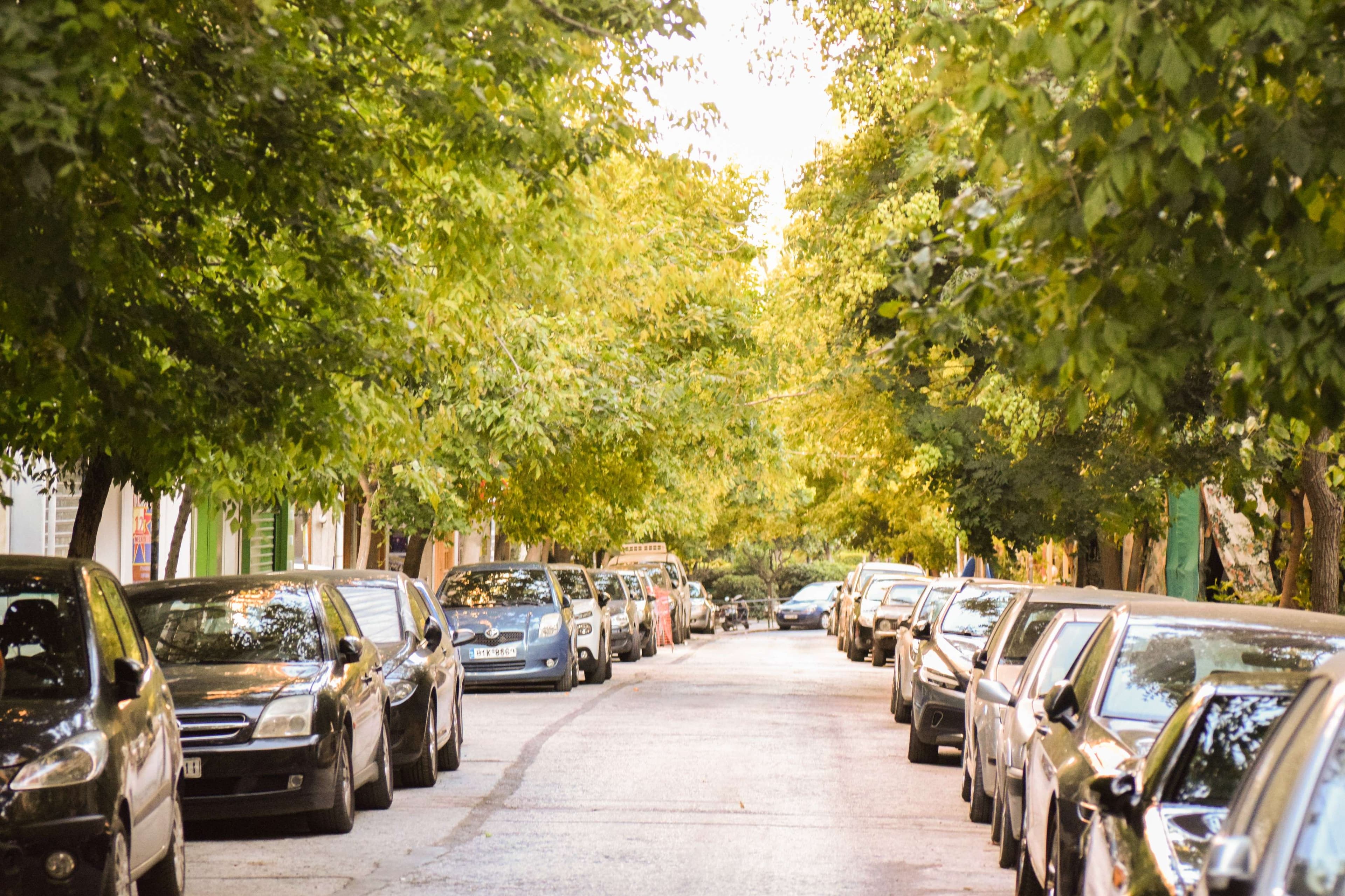 Cars parked on the side of the road in a residential area.